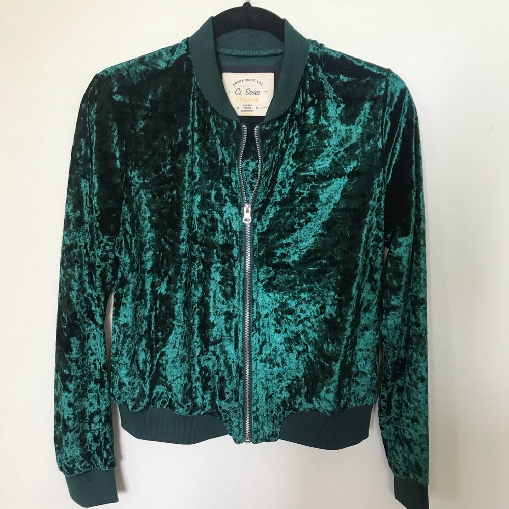Green velvet zip up jacket